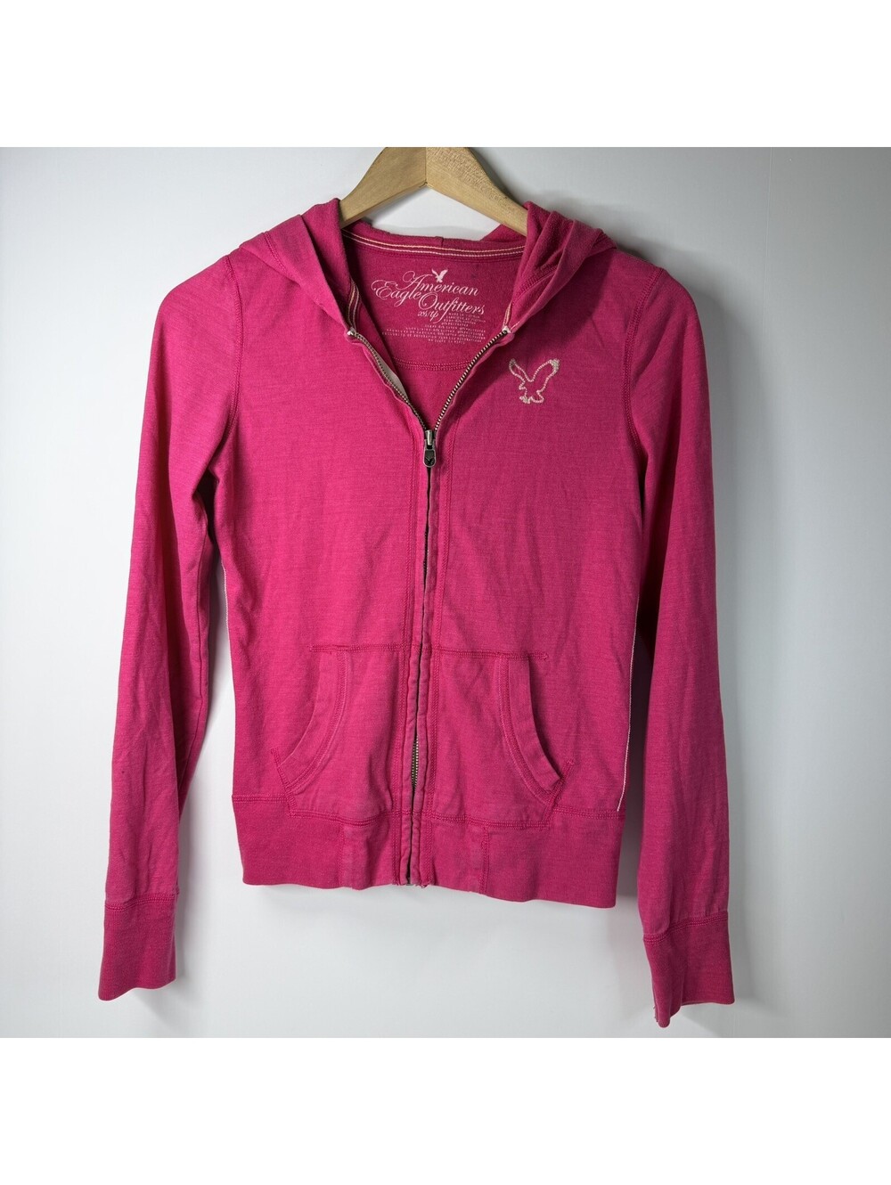 American Eagle Outfitters XS Pink Full Zip Hoodie Eagle Logo Y2K Lightweight